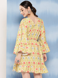 Thumbnail for InWeave Women's Yellow Orange Ikkat Print Short Dress - Distacart