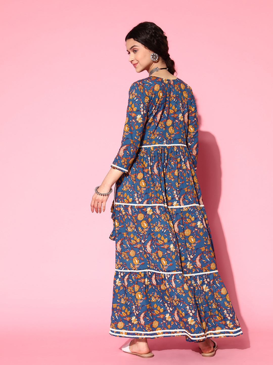 InWeave Women's Blue Floral Print Dress With Lace - Distacart