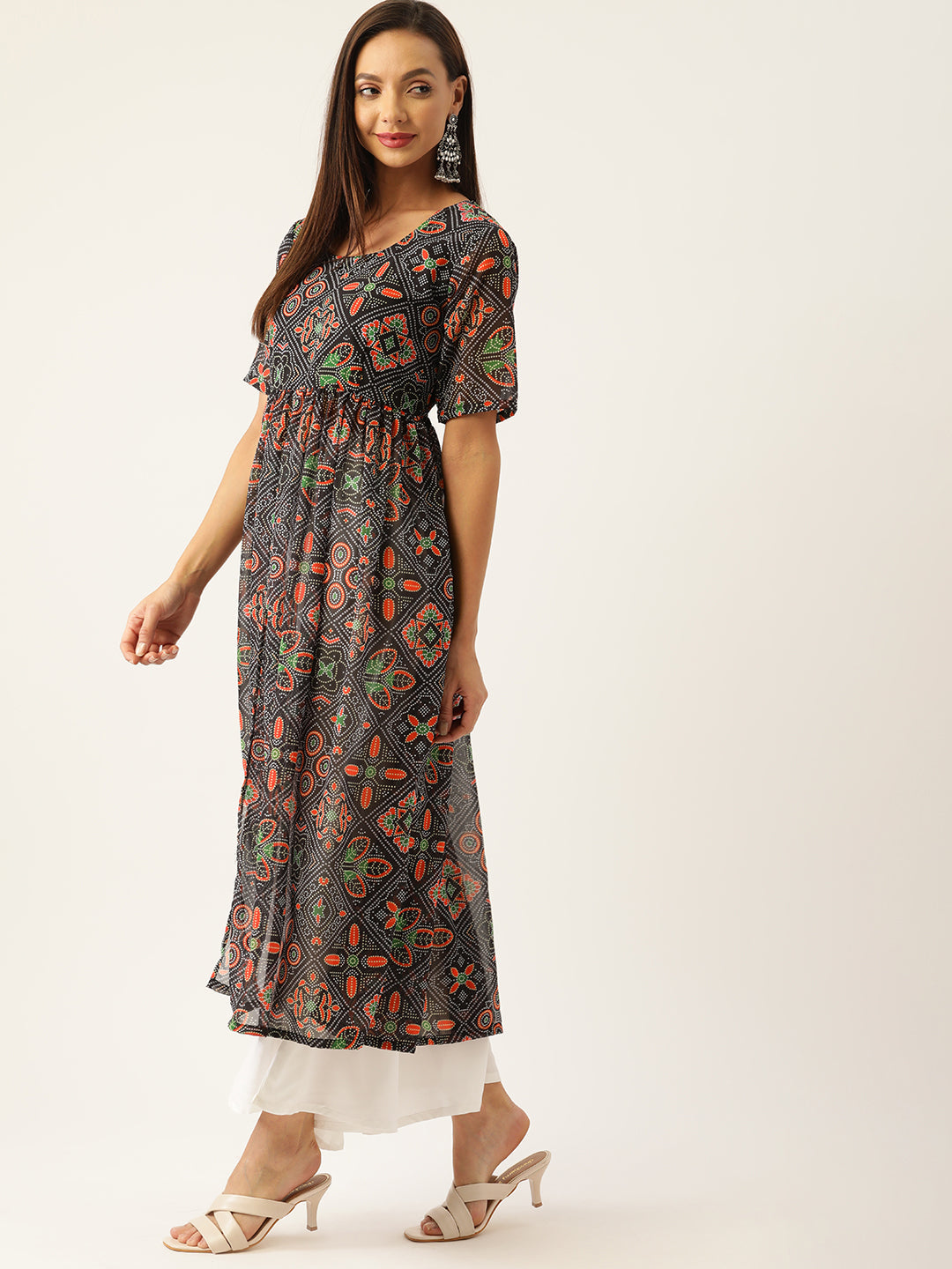InWeave Women's Black Bandhani Georgette Front Slit Kurta Set - Distacart