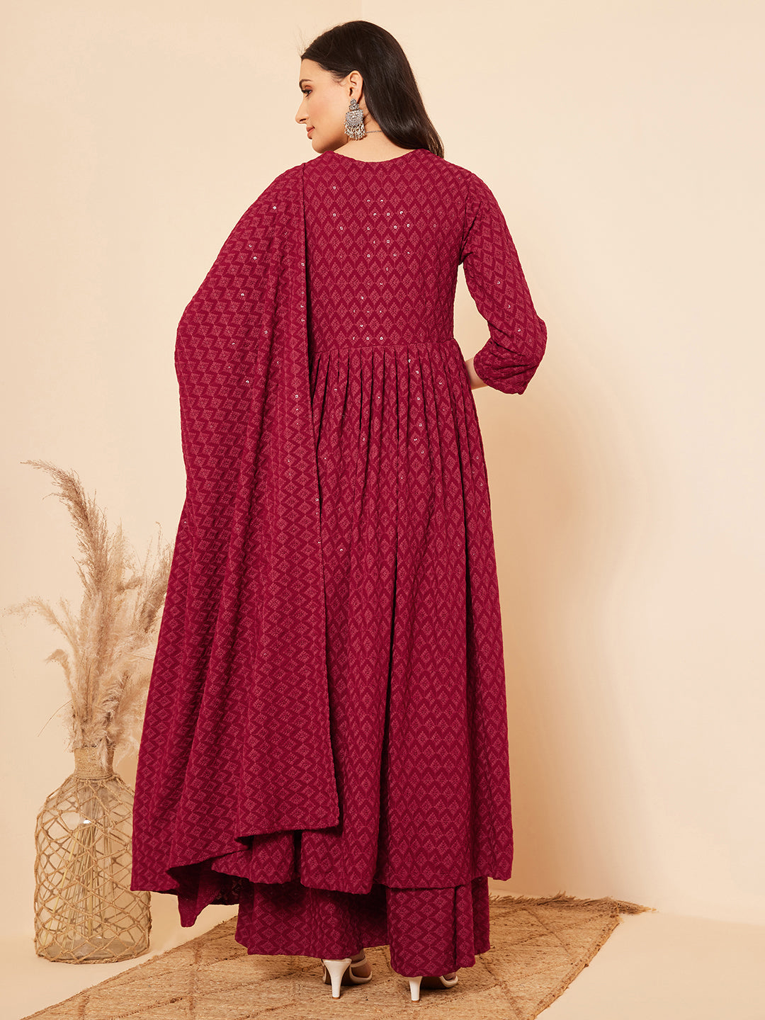 InWeave Women's Maroon Chikankari Long Anarkali Kurta Palazzo Set W Dupatta - Distacart