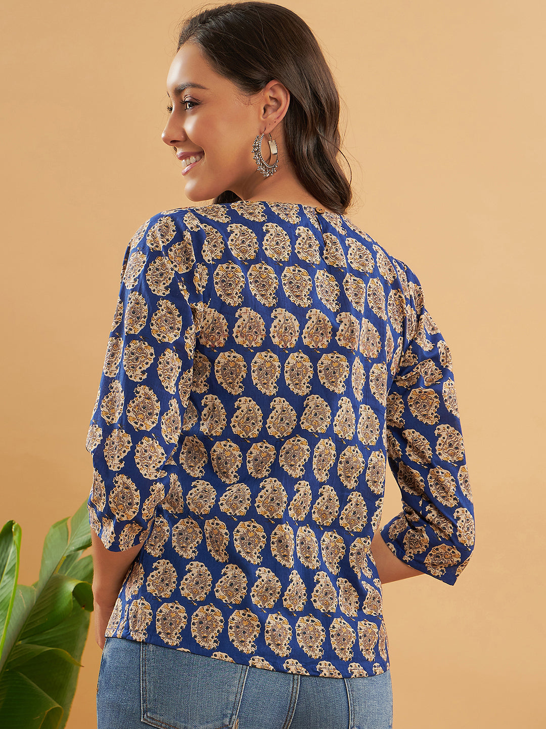 InWeave Women's Ink Blue Small Paisley Kalamkari Top - Distacart