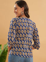 Thumbnail for InWeave Women's Ink Blue Small Paisley Kalamkari Top - Distacart