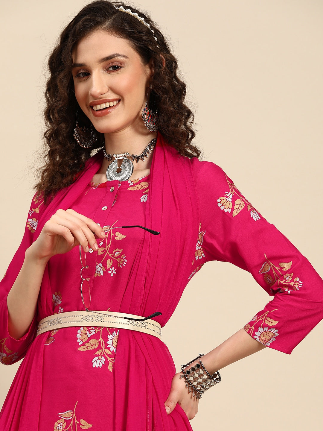Sangria Floral Printed Regular Kurta With Trousers & Dupatta - Distacart