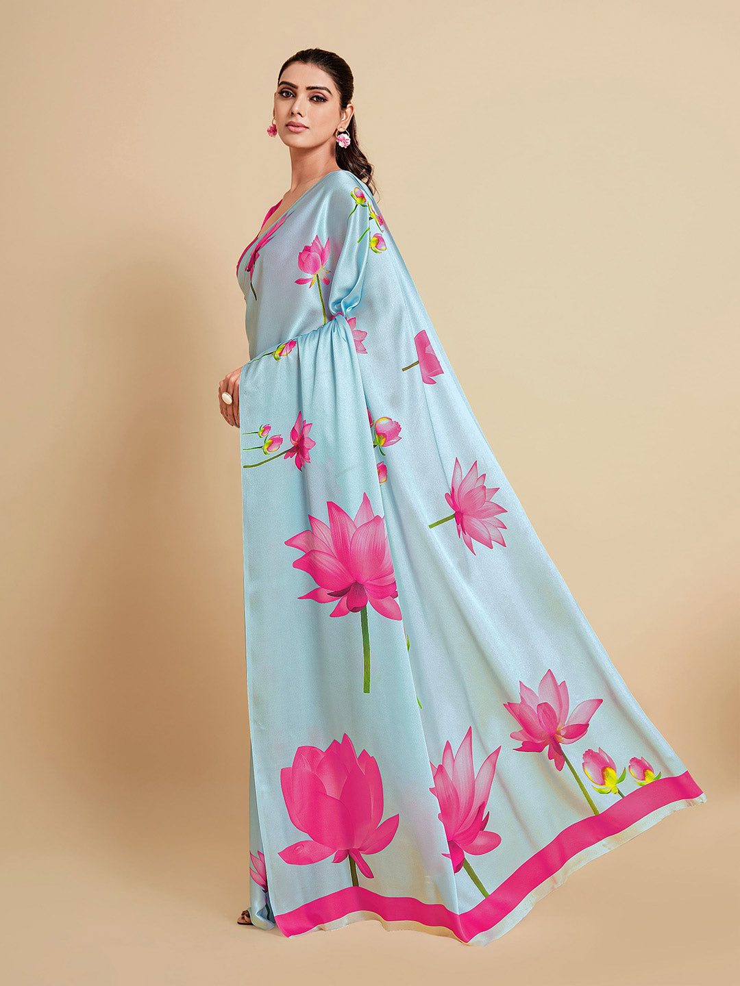 Sangria Turquoise Blue & Magenta Floral Zari Satin Saree - Distacart