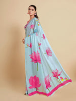 Thumbnail for Sangria Turquoise Blue & Magenta Floral Zari Satin Saree - Distacart