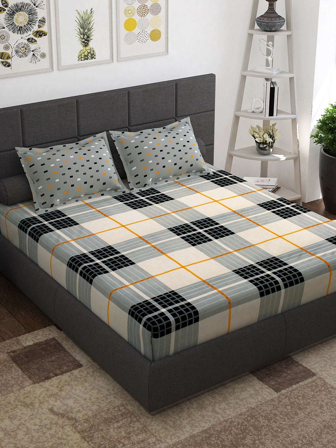 Story@home White & Grey Geometric Cotton 152 TC Queen Bedsheet With 2 Pillow Covers - Distacart
