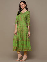 Thumbnail for HERE&NOW Green & Maroon Ethnic Motifs Printed A-Line Kurta - Distacart