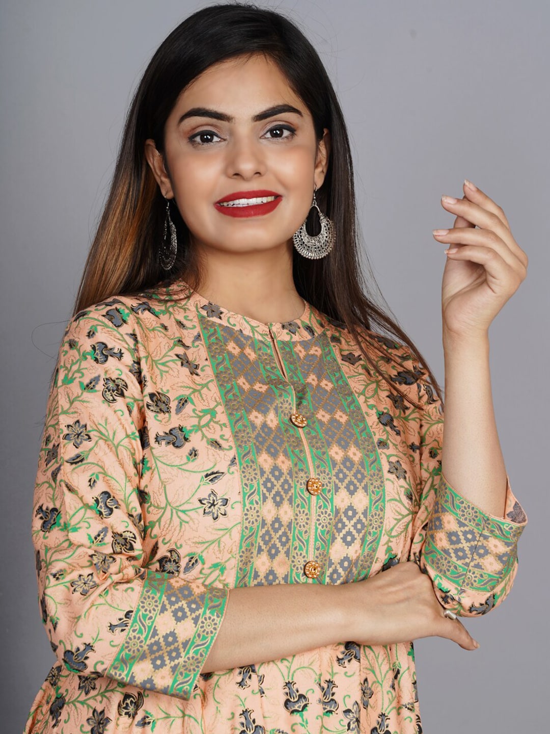 Kalini Women Coral Pink Floral Print Anarkali Kurta - Distacart