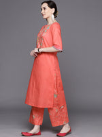 Thumbnail for Biba Women Peach-Coloured Floral Yoke Design Pure Cotton Kurta with Palazzos - Distacart