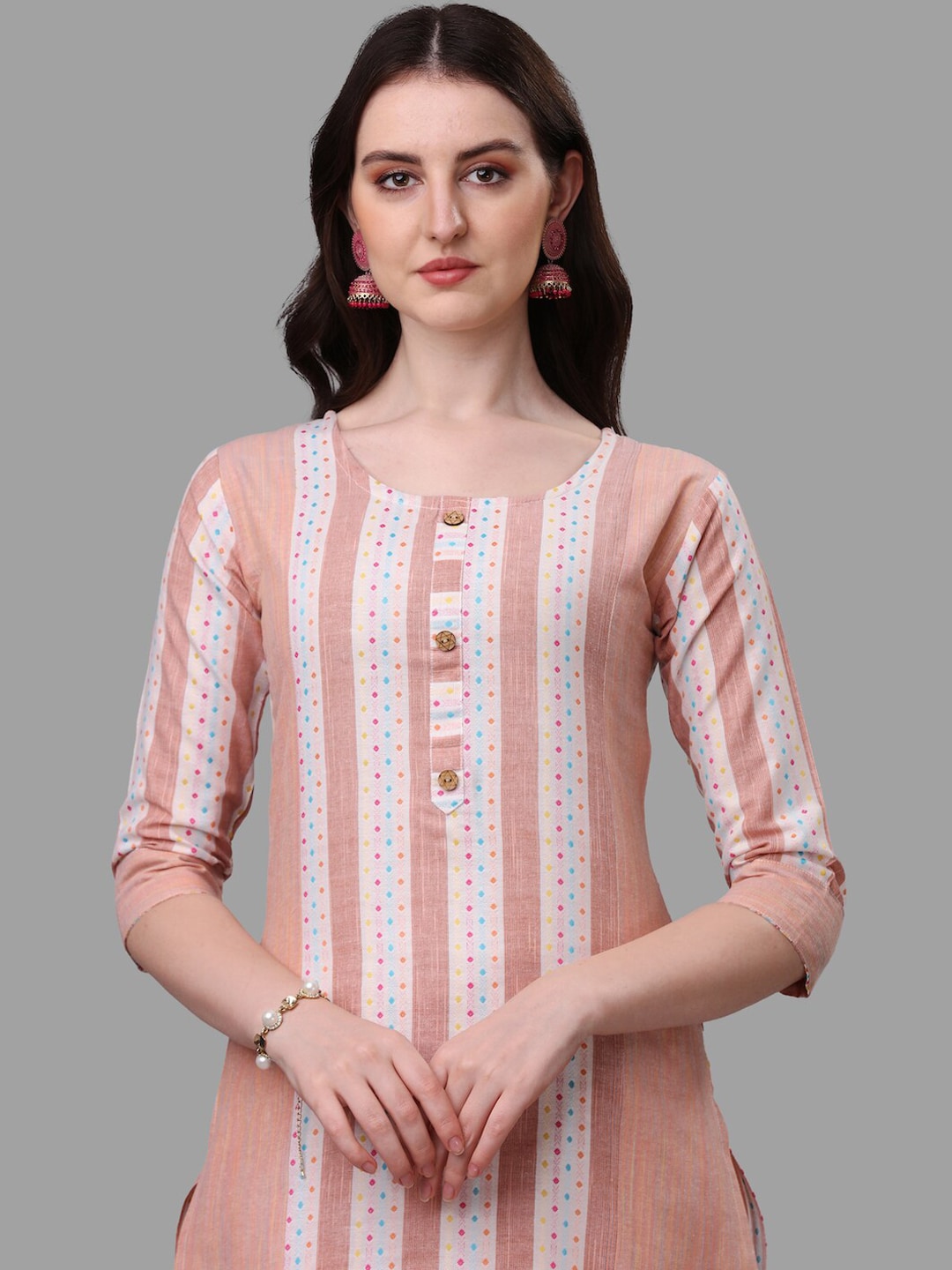 HERE&NOW Peach & White Striped Pure Cotton Kurta With Trousers & Dupatta - Distacart