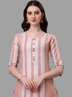 Thumbnail for HERE&NOW Peach & White Striped Pure Cotton Kurta With Trousers & Dupatta - Distacart