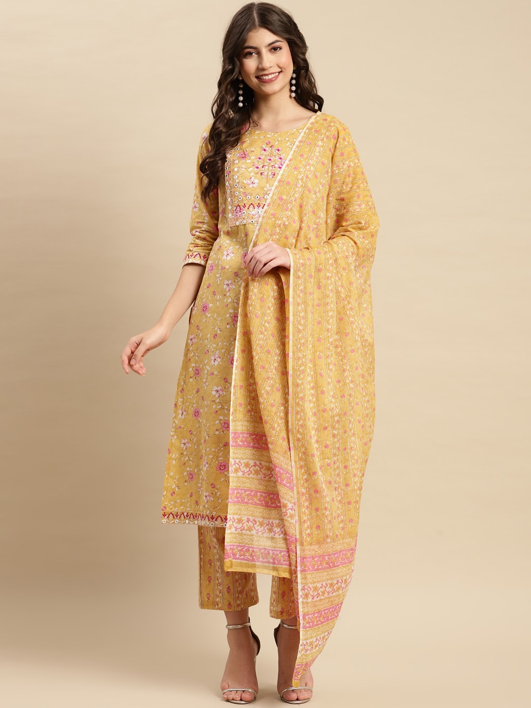 Sangria Yellow & Pink Floral Printed Pure-Cotton Straight Kurta With Trouser & Dupatta - Distacart