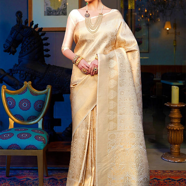 Mitera Cream-Coloured & Gold-Toned Woven Design Zari Silk Blend Kanjeevaram Saree - Distacart