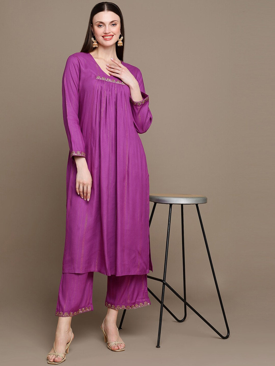 HERE&NOW Striped Zari Pleated A-Line Kurta with Palazzos - Distacart