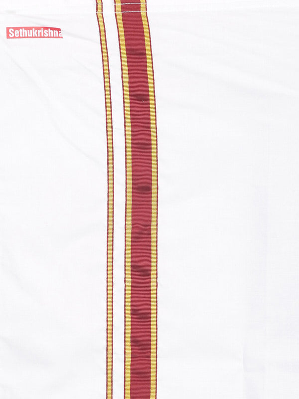 Sethukrishna Boys White & Red Pure Cotton Solid Shirt and Veshti Set - Distacart