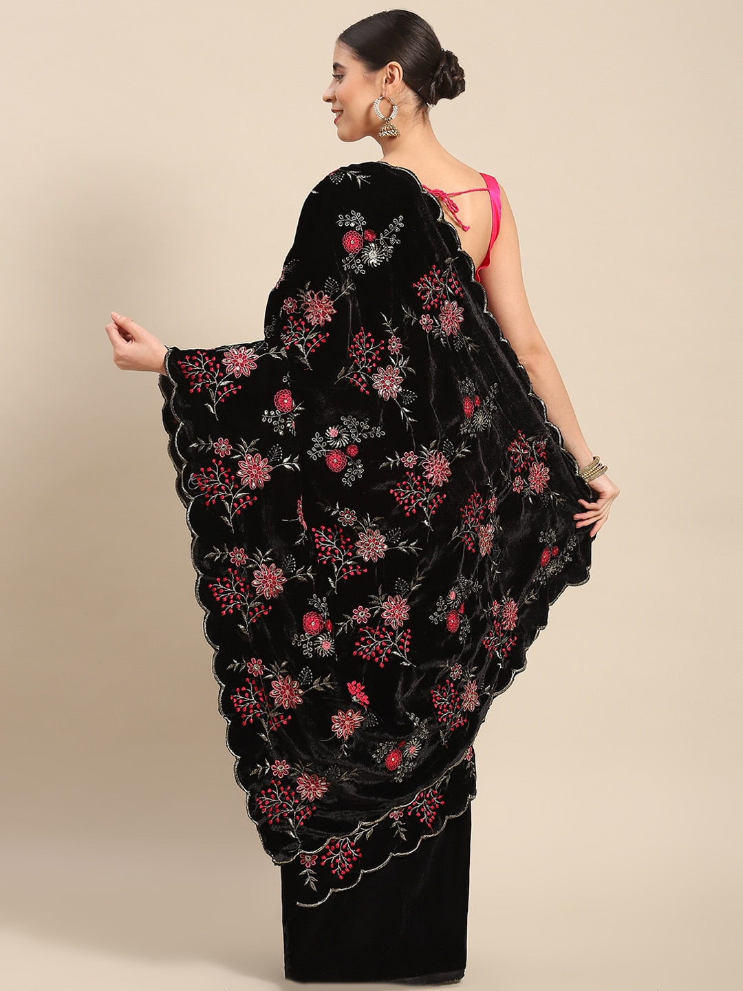 Mitera Floral Sequinned Velvet Saree - Distacart