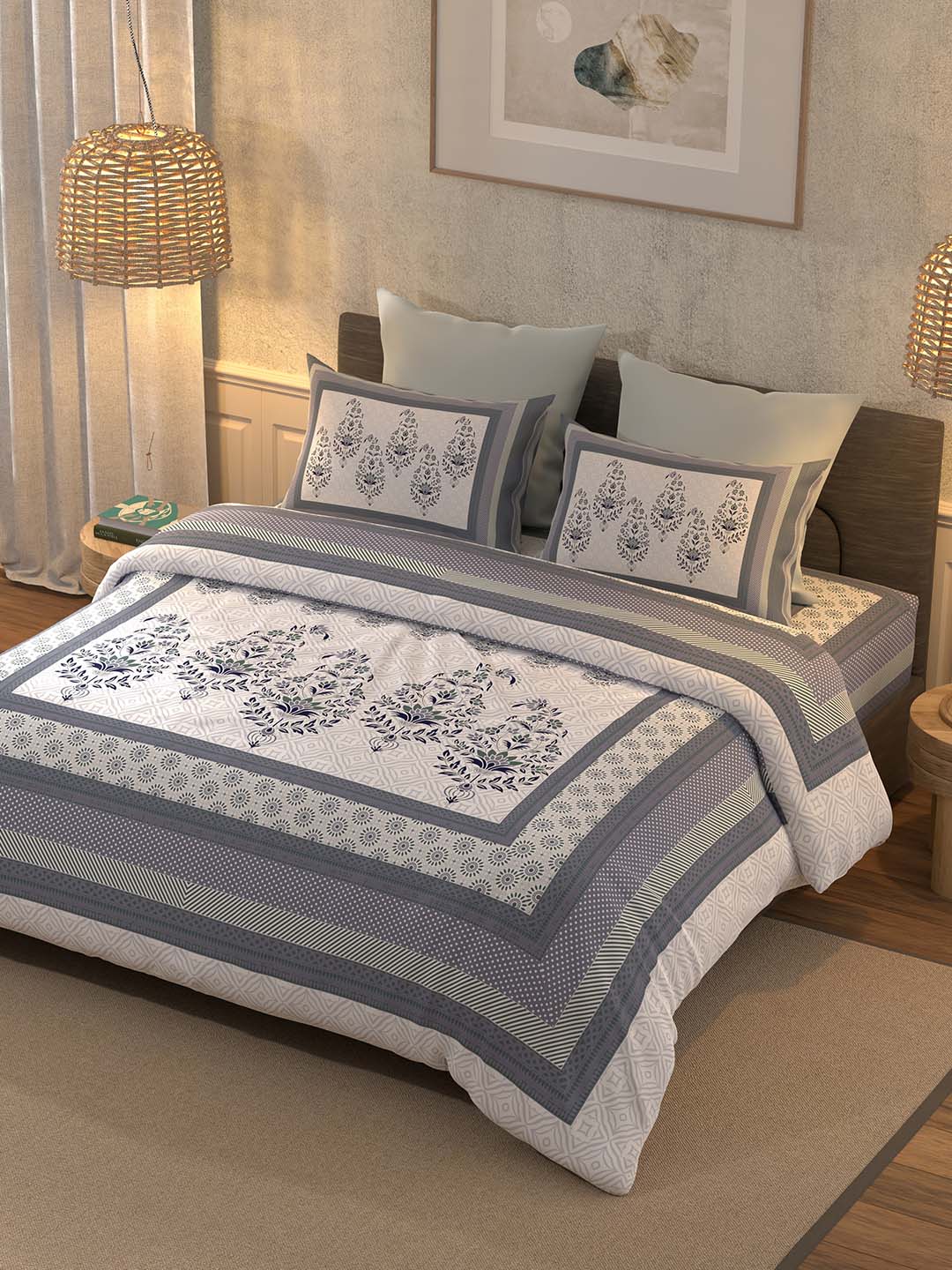 BELLA CASA Off White & Blue Ethnic Motifs 350 TC Cotton King Bedsheet with 2 Pillow Covers - Distacart