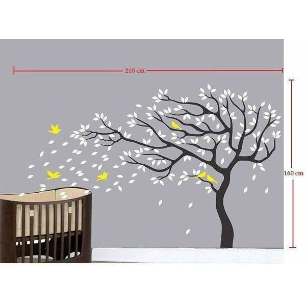 Big Beautiful Black Tree White Leaves Yellow Birds - Distacart