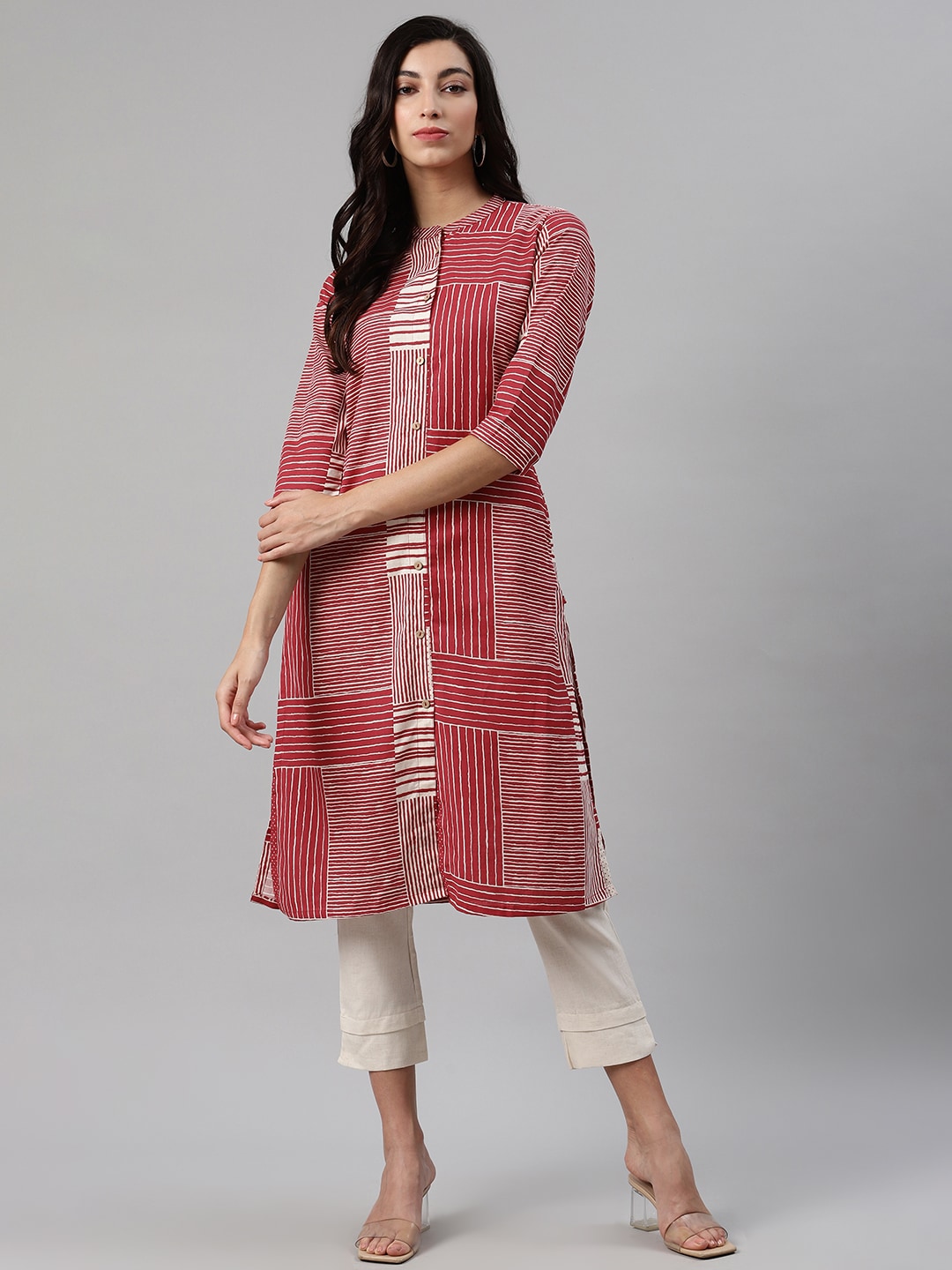 Biba Women Maroon & Off-White Striped Kurta with Trousers - Distacart