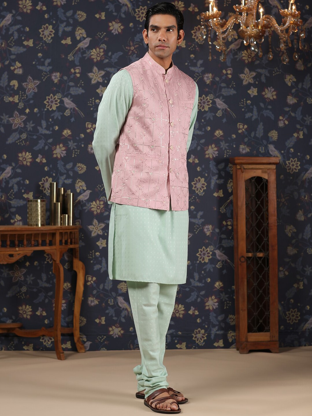 House of Pataudi Mandarin Collar Straight Kurta With Churidar & Embroidered Nehru Jacket - Distacart