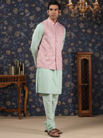 Thumbnail for House of Pataudi Mandarin Collar Straight Kurta With Churidar & Embroidered Nehru Jacket - Distacart