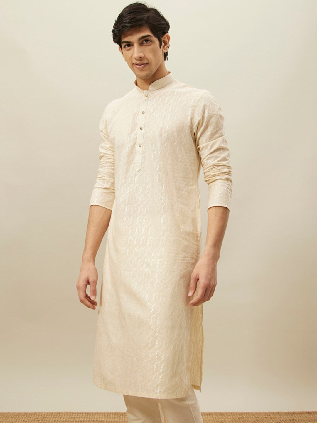 Manyavar Self Design Mandarin Collar Pure Cotton Kurta With Pyjamas - Distacart