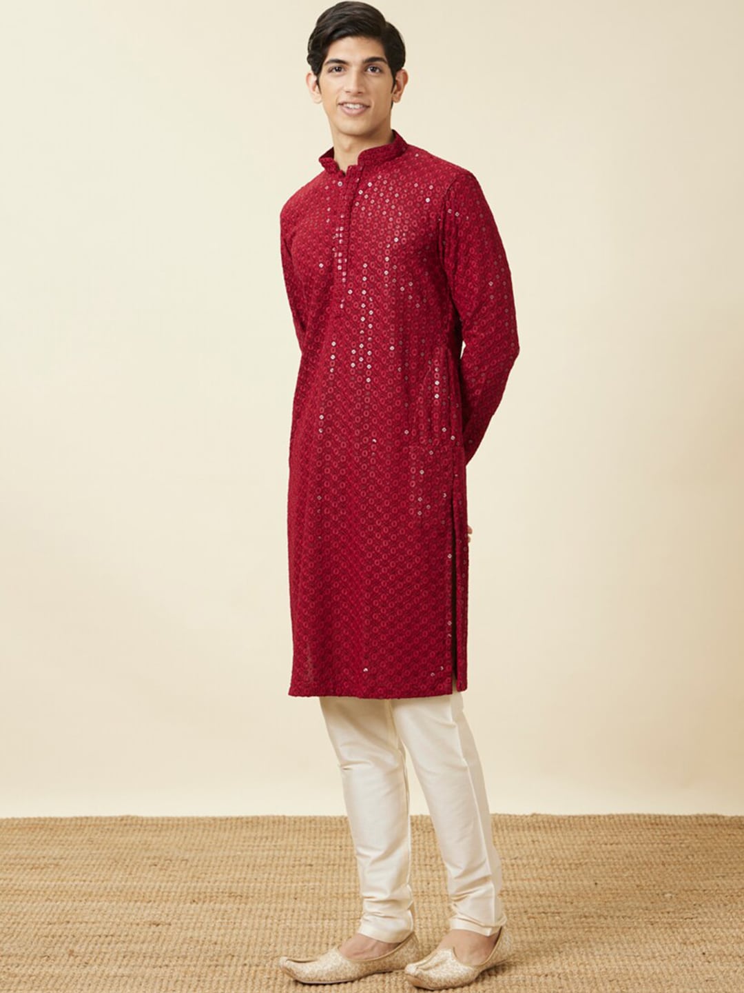 Manyavar Floral Chikankari Embroidered Kurta With Pyjamas - Distacart