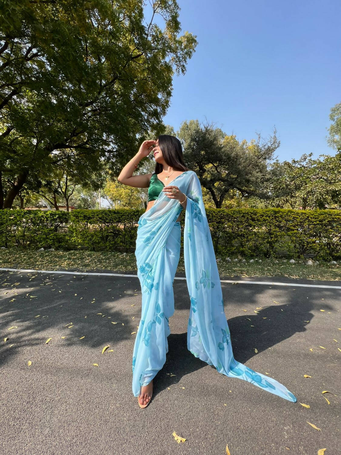 Vamsee Sky Blue Chiffon Designer Saree - Distacart