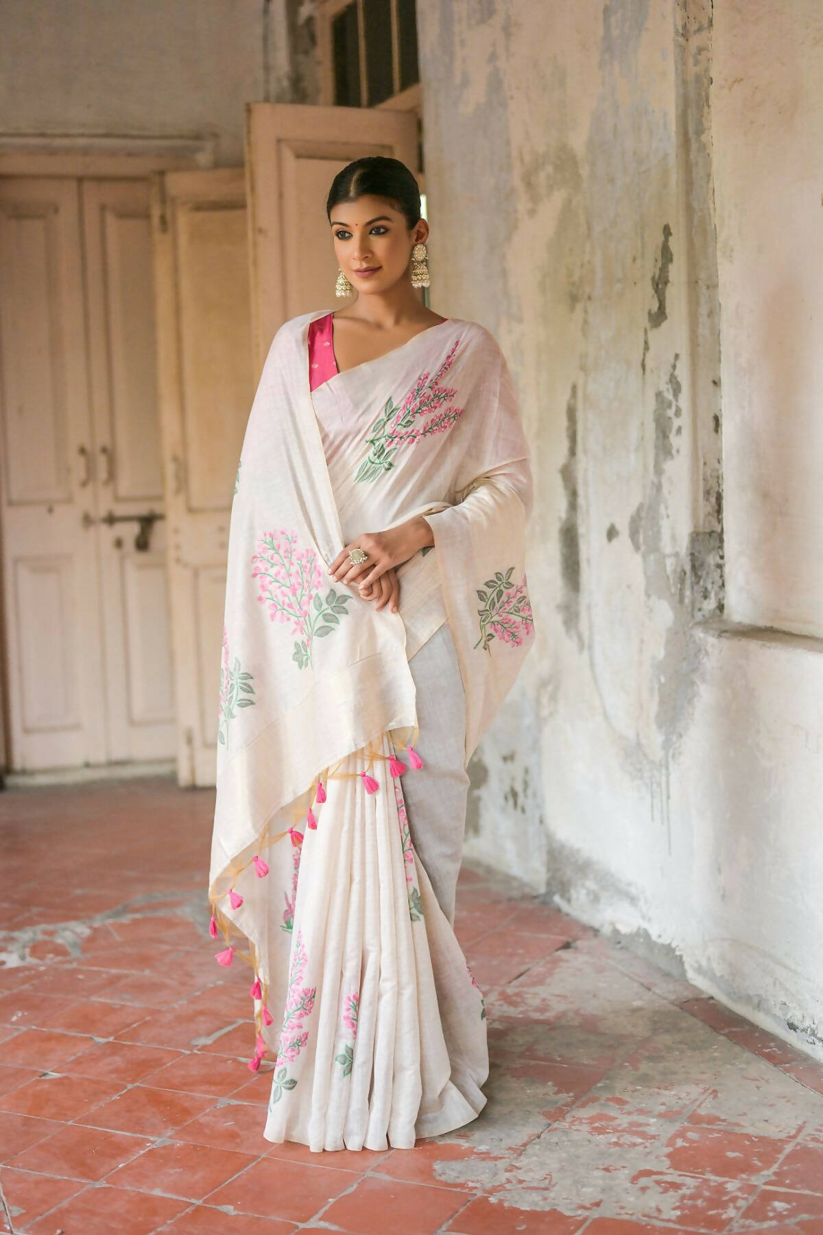 Vishnu Weaves Women's Pink Muga Cotton Woven Saree with Blouse - Distacart