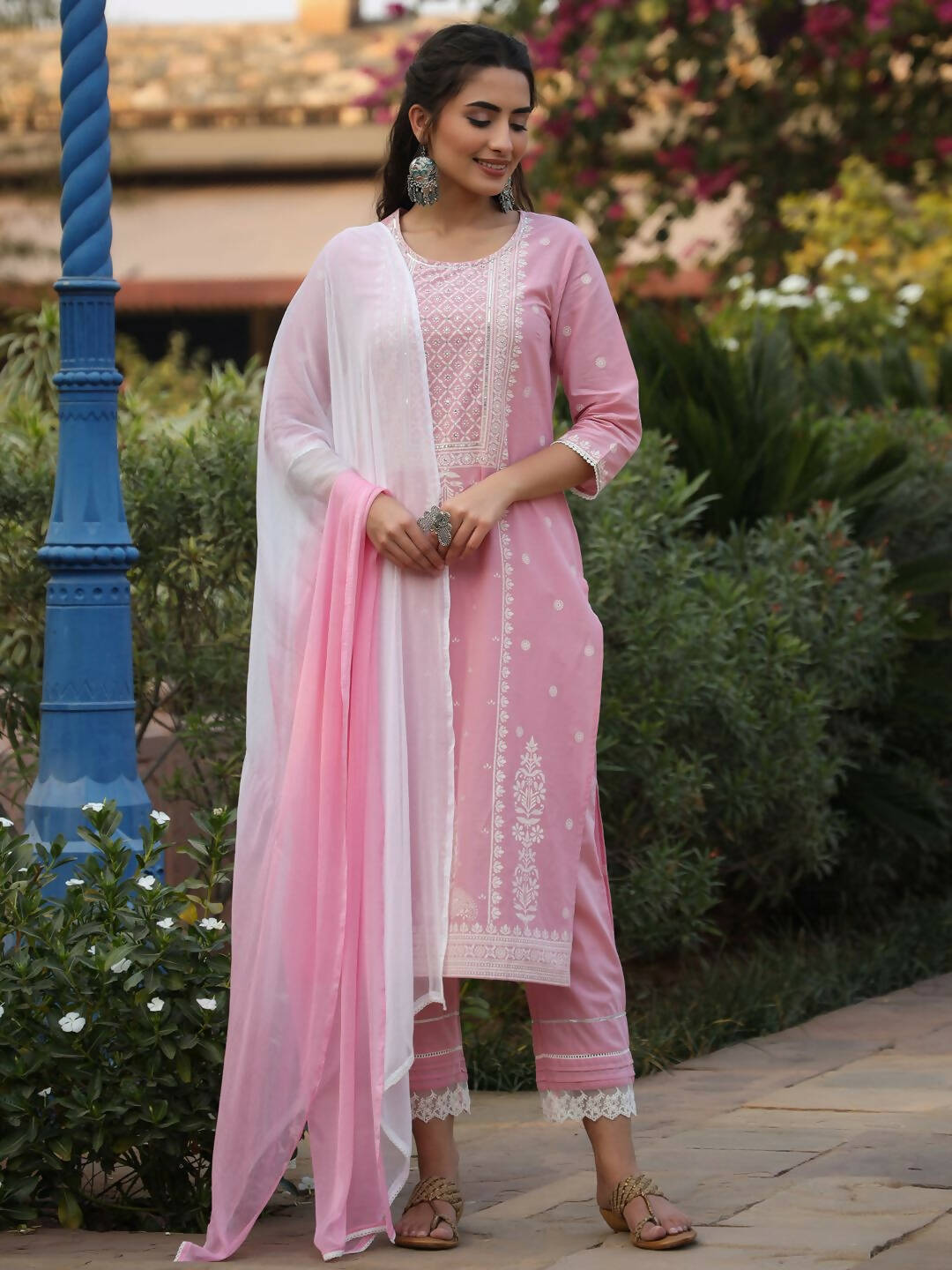 Juniper Women's Pink Cambric Floral Print Kurta Straight Pant And Duptta Sets - Distacart