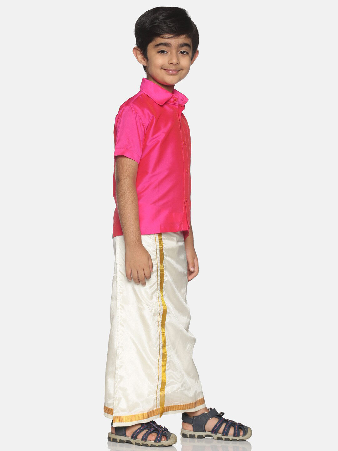 Sethukrishna Boys Pink & Cream-Coloured Solid Shirt and Veshti Set - Distacart