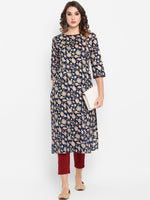 Thumbnail for Janasya Navy Blue Ethnic Motifs Printed Regular Pure Cotton Kurta with Trousers - Distacart