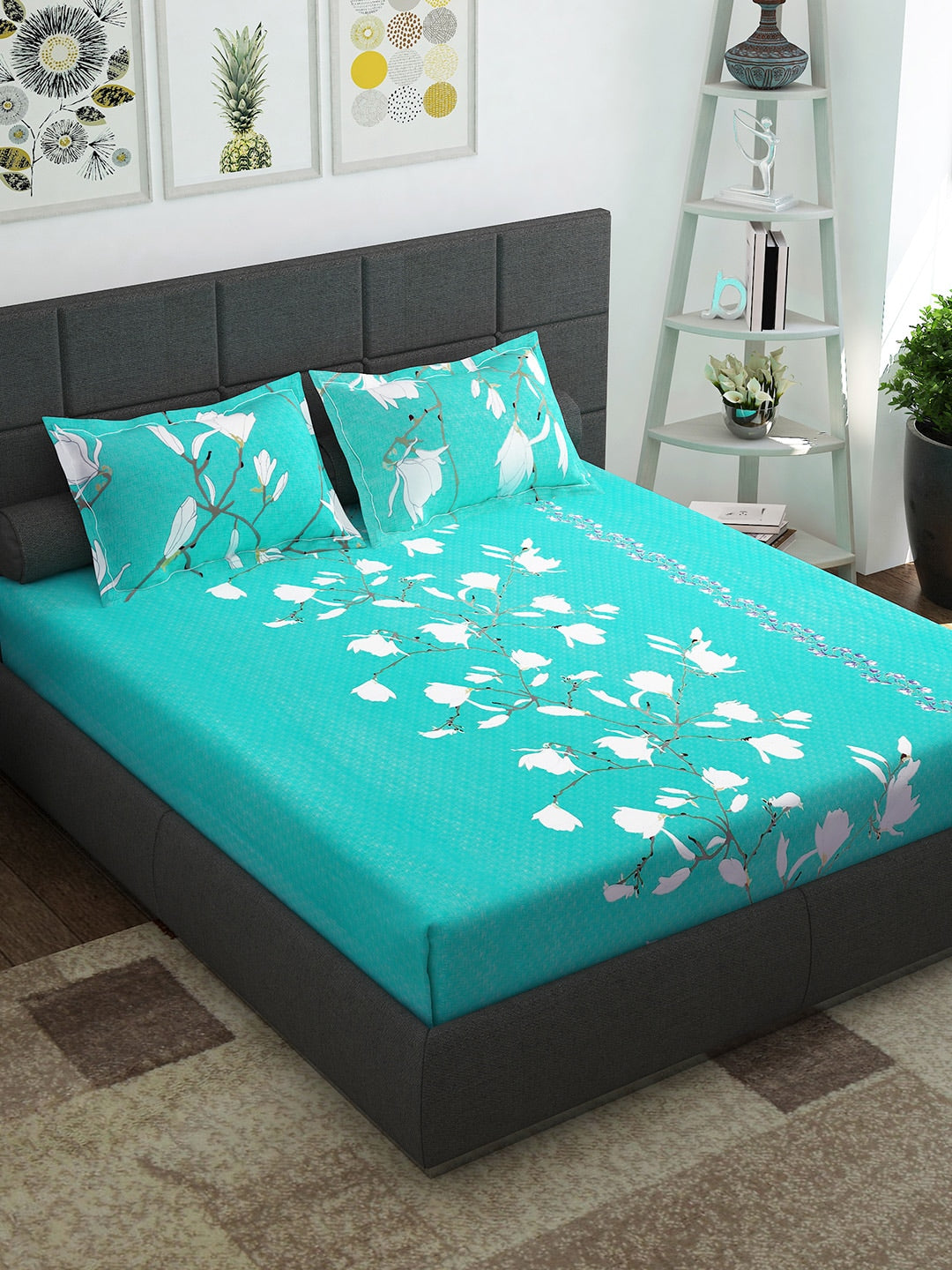 Story@home Sea Green & White Floral 152 TC Cotton 1 Queen Bedsheet with 2 Pillow Covers - Distacart