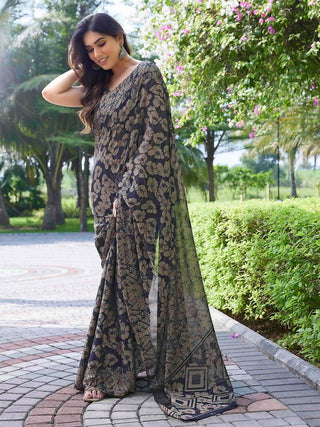 Kalini Women Navy Blue & Beige Floral Saree - Distacart