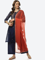 Thumbnail for Biba Women Navy Blue Floral Embroidered Kurta with Trousers & With Dupatta - Distacart