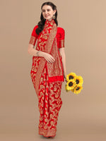 Thumbnail for Kalini Red & Golden Floral Zari Silk Blend Banarasi Saree - Distacart