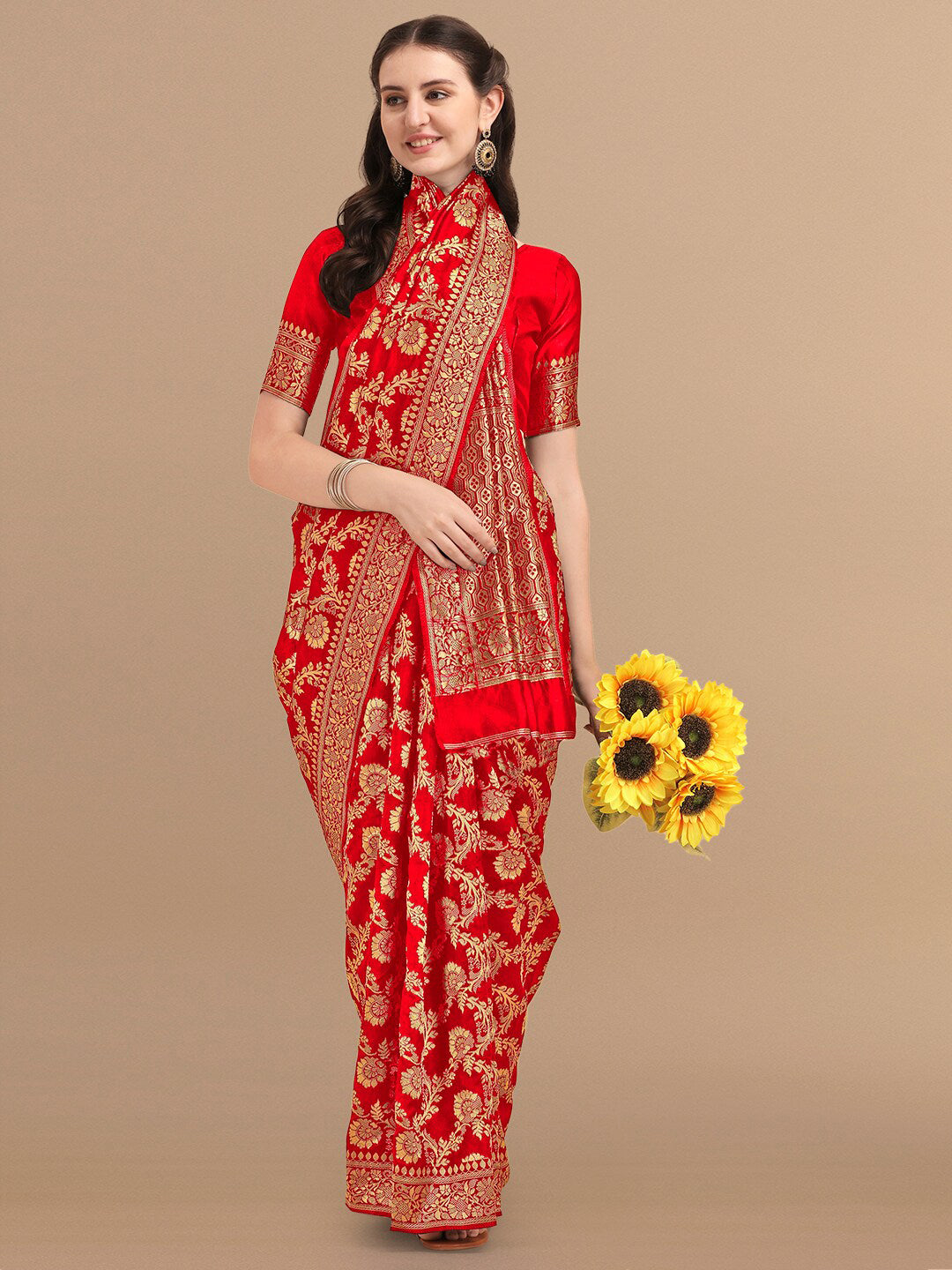 Kalini Red & Golden Floral Zari Silk Blend Banarasi Saree - Distacart