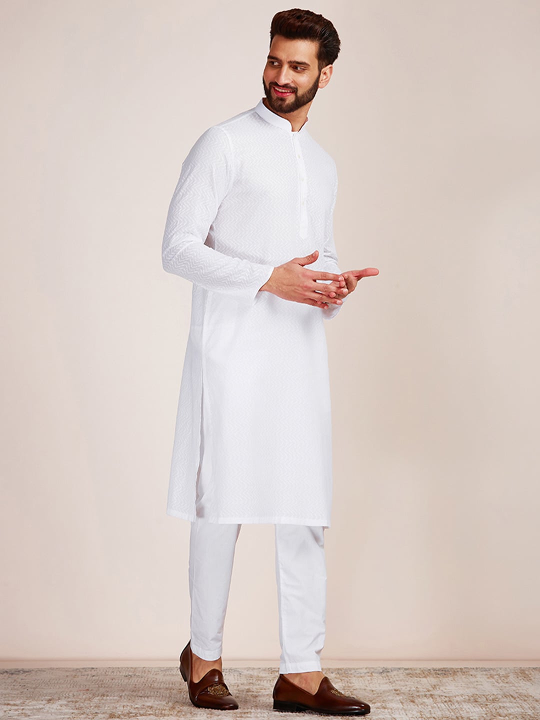 Manyavar Men Printed Pure Cotton Kurta with Pyjamas - Distacart