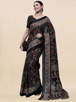 Thumbnail for Kalini Black & Red Floral Jute Silk Ikat Saree - Distacart