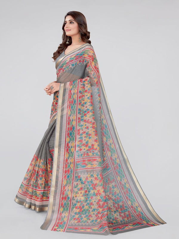 Kalini Grey & Red Checked Zari Organza Saree - Distacart