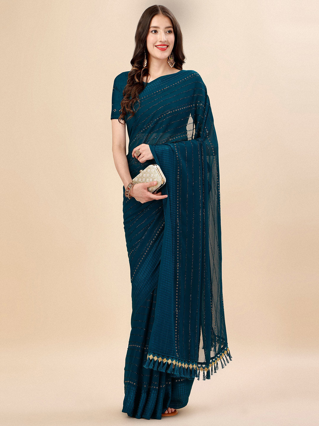 Mitera Teal & Black Striped Beads & Stone Work Pure Chiffon Saree - Distacart