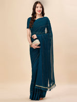 Thumbnail for Mitera Teal & Black Striped Beads & Stone Work Pure Chiffon Saree - Distacart