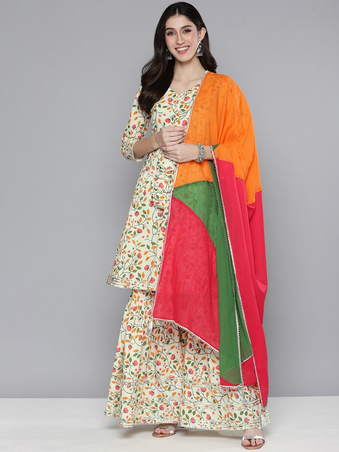 HERE&NOW Women Floral Printed Gotta Patti Pure Cotton Kurta with Sharara & Dupatta - Distacart
