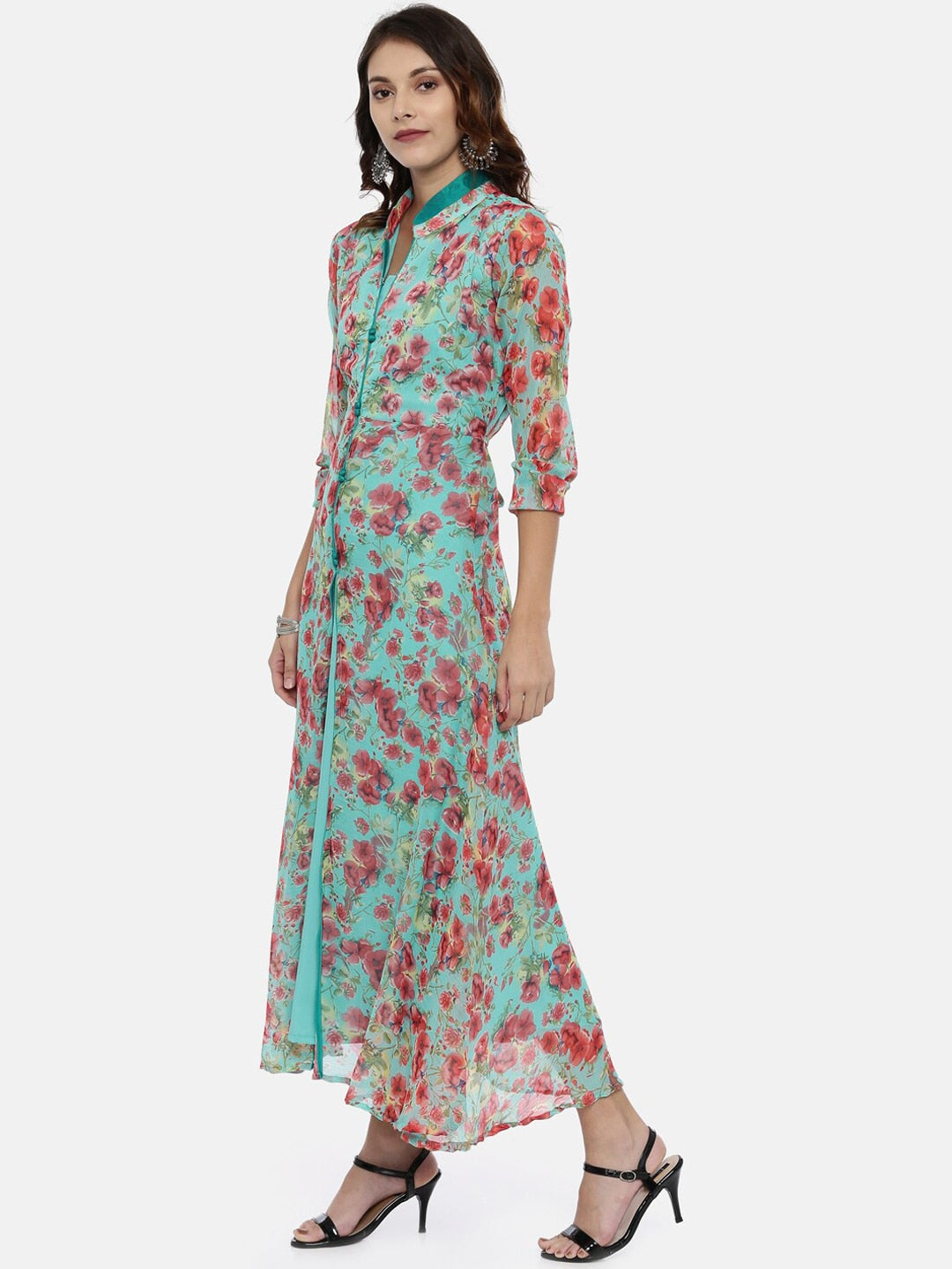 Souchii Turquoise Blue & Pink Floral Print Ethnic Maxi Dress - Distacart