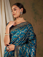 Thumbnail for Sangria Blue Floral Woven Design Zari Kanjeevaram Saree - Distacart