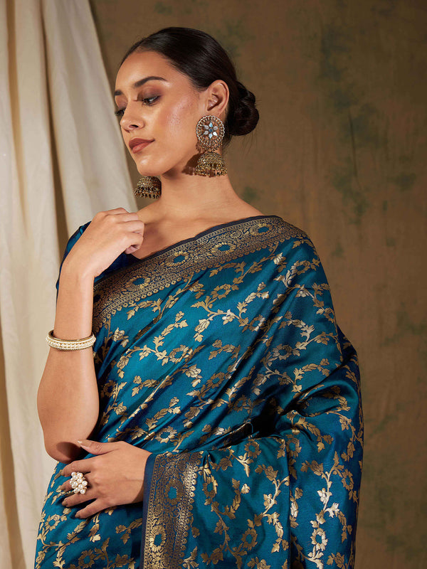 Sangria Blue Floral Woven Design Zari Kanjeevaram Saree - Distacart