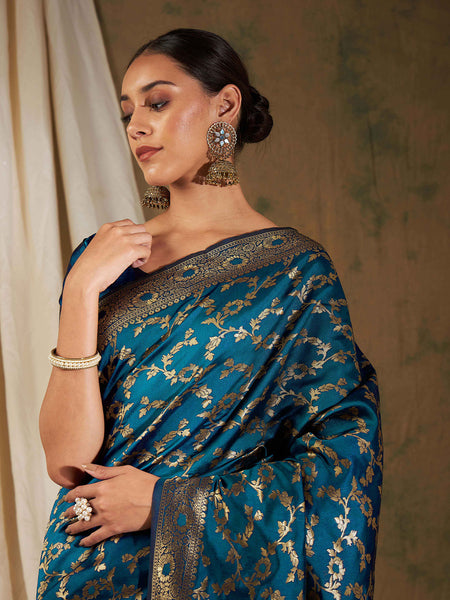 Sangria Blue Floral Woven Design Zari Kanjeevaram Saree - Distacart