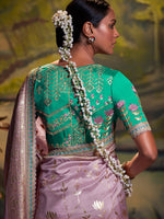 Thumbnail for Mitera Lavender & Blue Ethnic Motifs Woven Design Zari Silk Blend Banarasi Saree - Distacart
