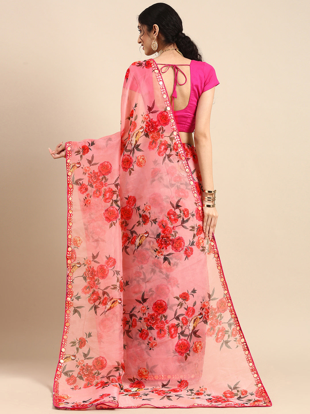 Anouk Pink Floral Printed Organza Saree - Distacart