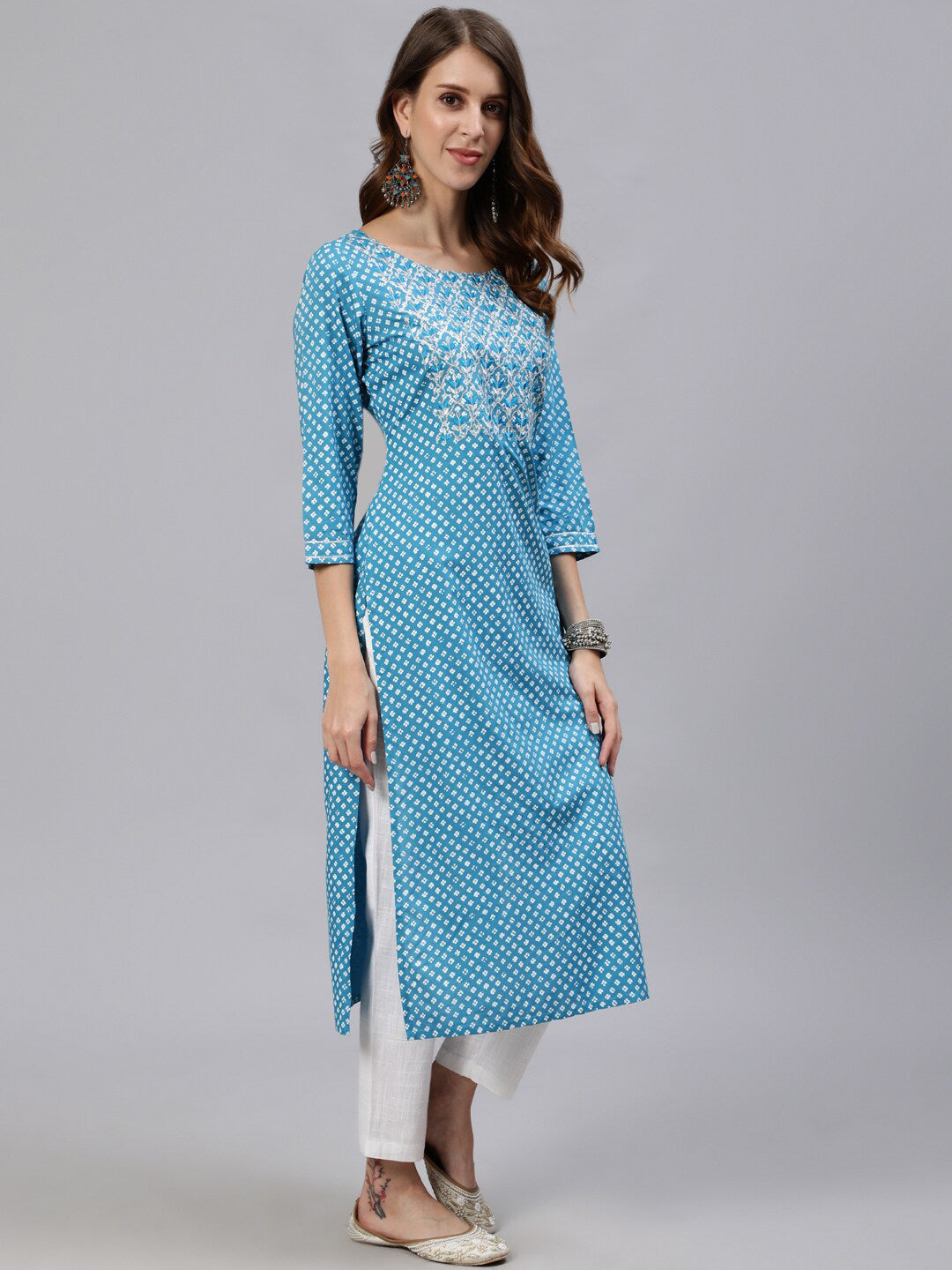 Jaipur Kurti Women Blue & White Floral Printed Kurta - Distacart
